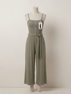 Ci Sono Olive Smocked Knit Wide-Leg Jumpsuit with Tie Belt